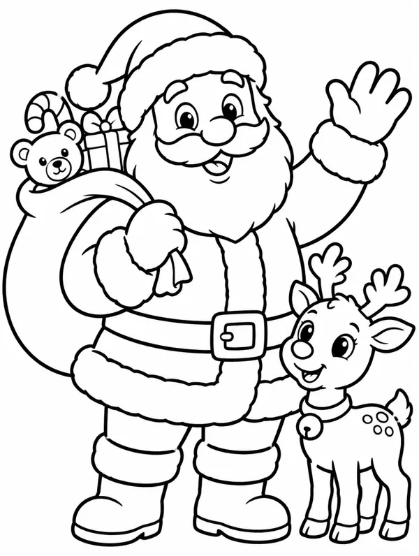 Jolly Santa & Reindeer Christmas coloring page
